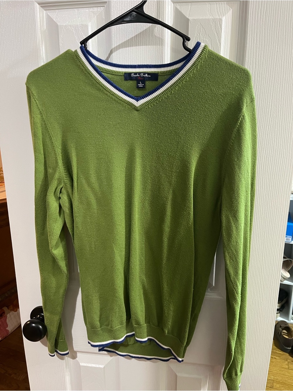 Brooks Brothers Green V-Neck Sweater with Blue & White Trim